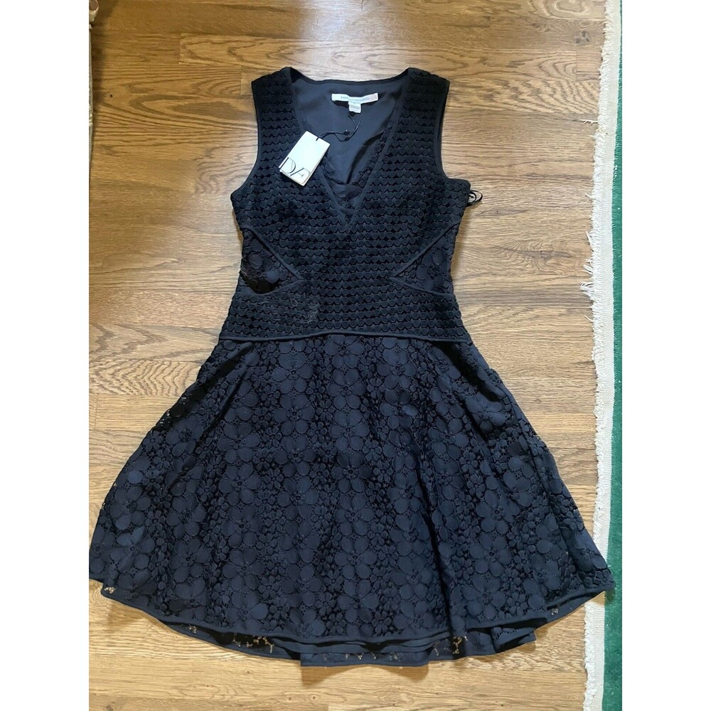 New $398. Diane Von Furstenberg Sz 6 Fiorenza Sleeveless Floral Lace Blk Dress